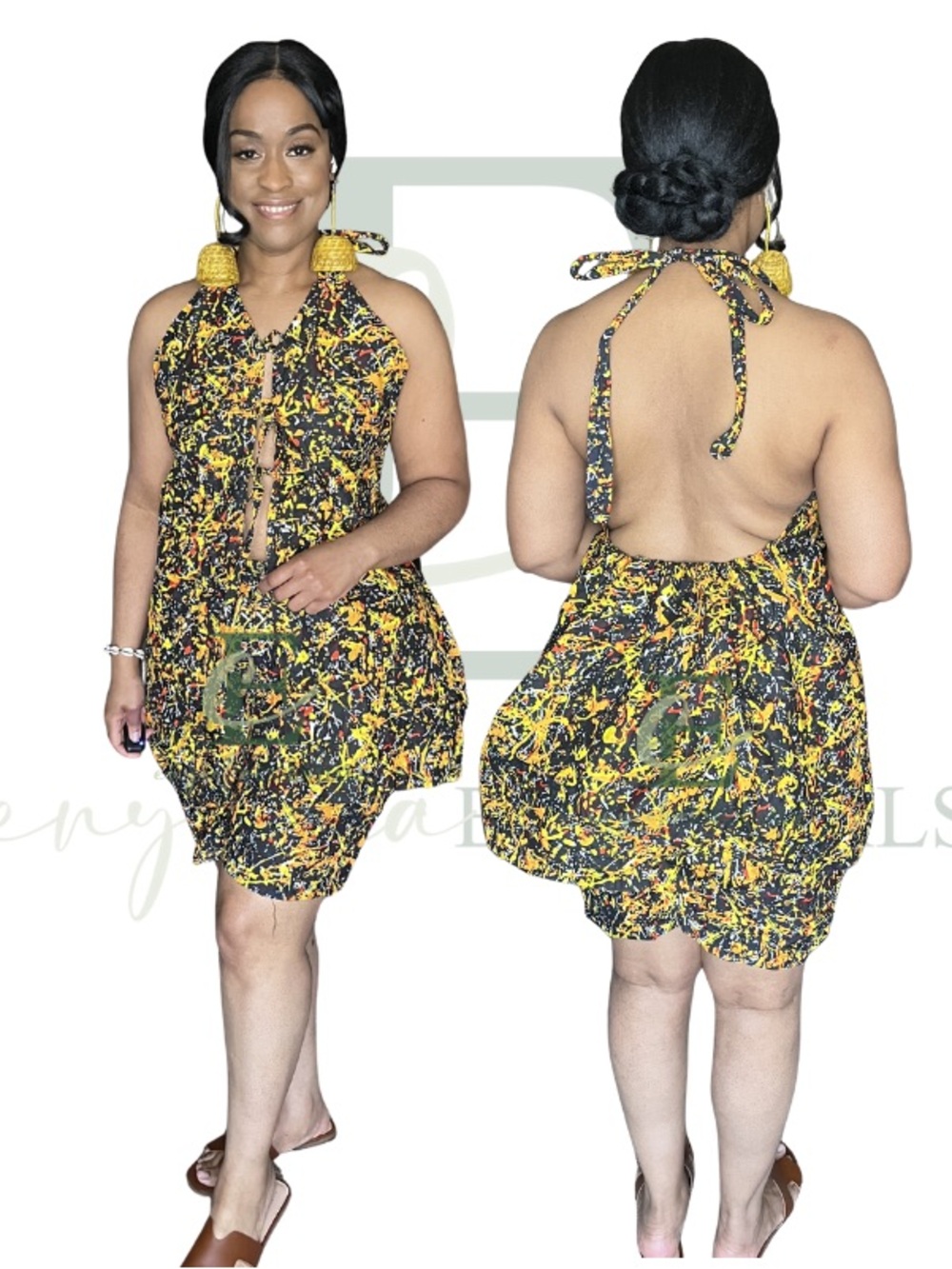 Black & Yellow Abstract Halter Short Set | One Size (S–XL)